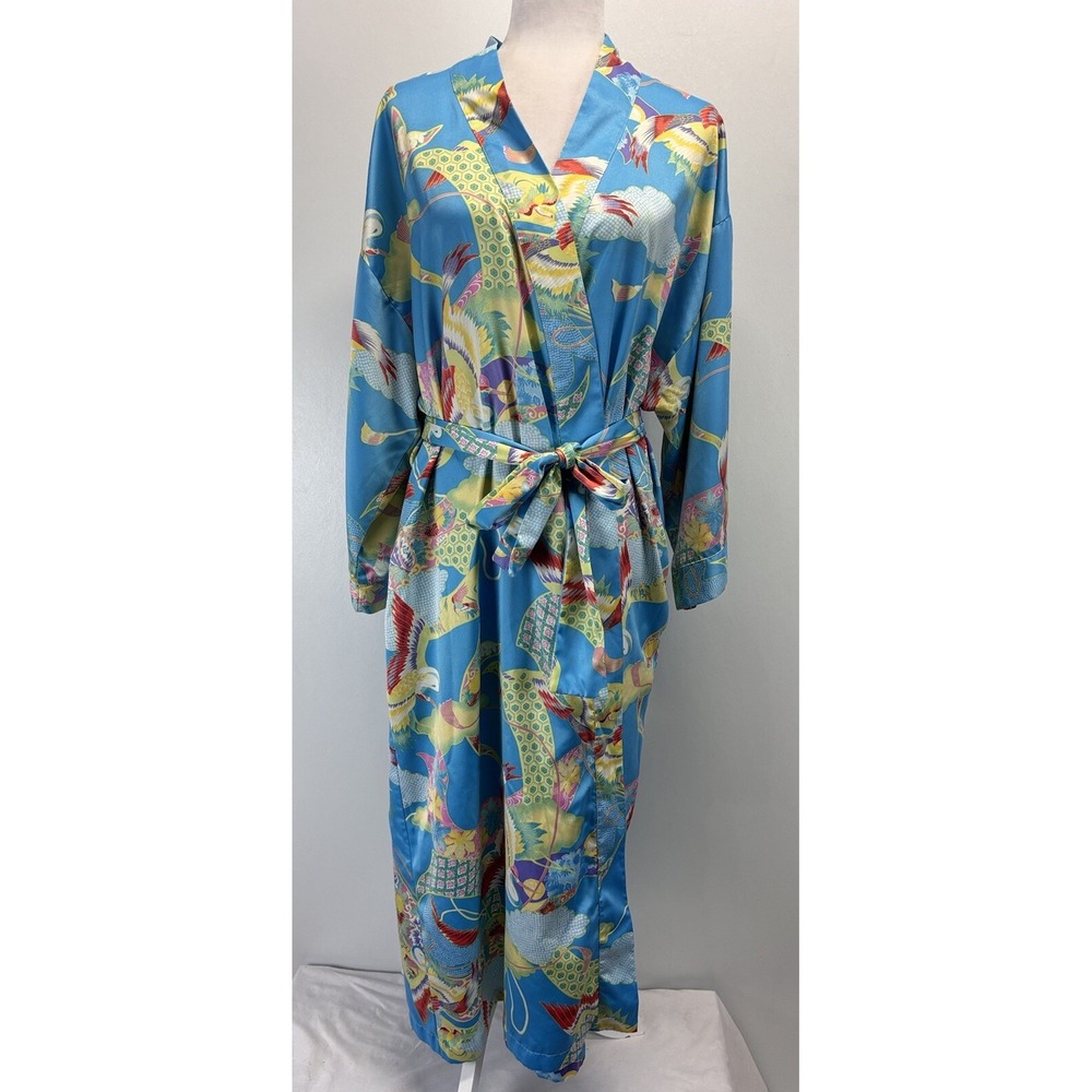 Natori Satin Floral Crane Kimono Robe One Size Belted Women's